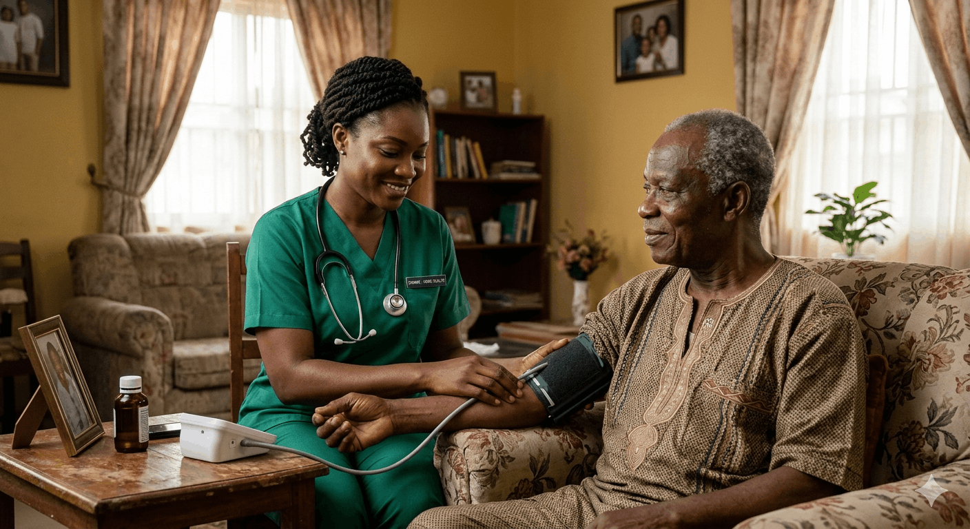 Professional caregiver with elderly patient
